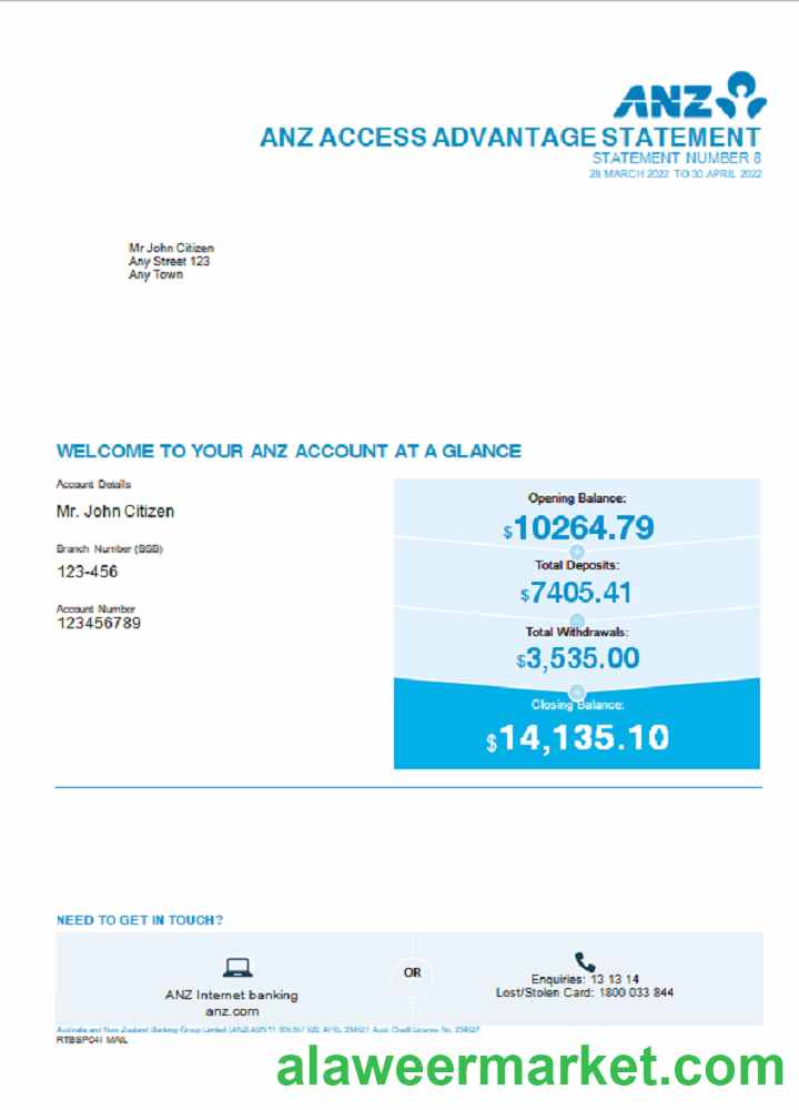 Australia ANZ bank statement, Word and PDF template